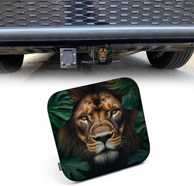 Beabes Lion Car Rear Hitch Covers Tropical Palm Leaves Wildlife Lion Square Trailer Hitch Cover Tube Plug Insert, 2" Towing Rear Hitch Cover for Car Truck, Easy to Install - Image 1